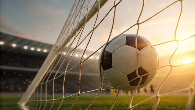 Soccer ball in the net during a beautiful sunset with a stadium in background
