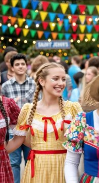 "Group of smiling young Brazilian women in plaid and flowery dresses in a contagious joy and festive mood"