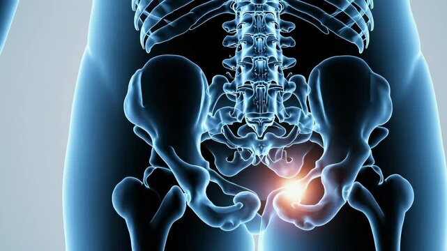 Dynamic xray visualization of pelvic bone and spine rotation medical animation