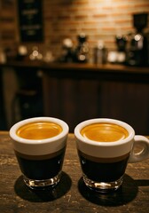 Double Espresso with Crema in White Demitasse Cup on Rustic Café Table

