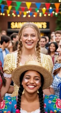 "Group of smiling young Brazilian women in plaid and flowery dresses in a contagious joy and festive mood"