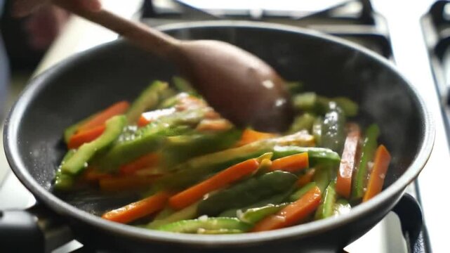 Saut&eacute;ing Crisp Cucumber and Carrot Batons in Hot Pan, Garnishing with Sea Salt, Simmering Fresh Vegetables in Light Oil for a Simple Side Dish, Cooking Stir-Fry