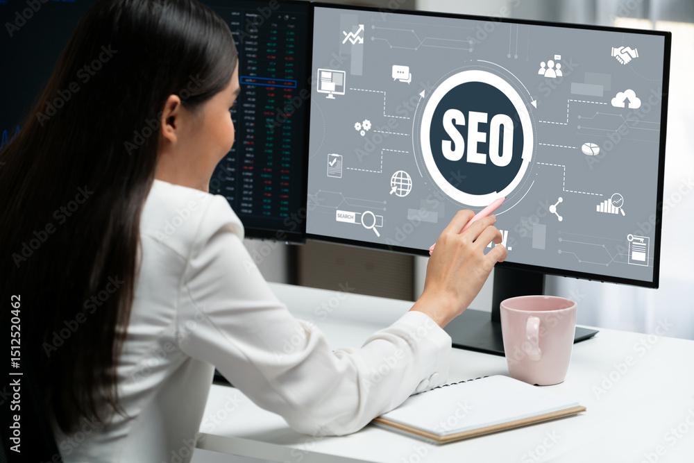 Poster seo search engine optimization for brisk e-commerce and online retail business showing on computer s