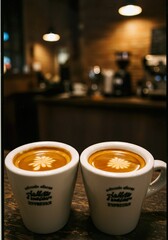 Double Espresso with Crema in White Demitasse Cup on Rustic Café Table


