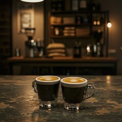 Double Espresso with Crema in White Demitasse Cup on Rustic Café Table

