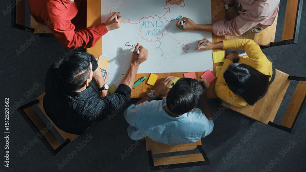 Poster top down view of business team working together by using mind map brainstorming idea and sharing mar