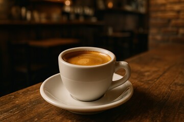 Double Espresso with Crema in White Demitasse Cup on Rustic Café Table

