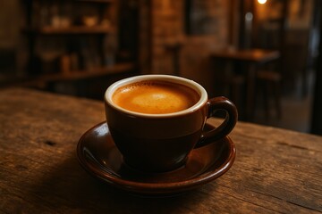 Double Espresso with Crema in White Demitasse Cup on Rustic Café Table

