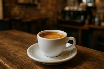 Double Espresso with Crema in White Demitasse Cup on Rustic Café Table

