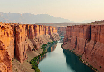 River Canyon with Red Rock Cliffs and Distant Mountains