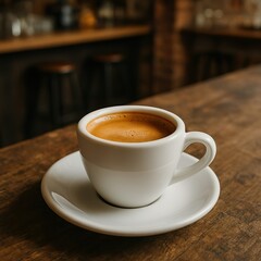 Double Espresso with Crema in White Demitasse Cup on Rustic Café Table

