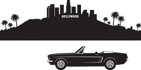 Hollywood Los Angeles Cityscape Silhouette Illustration of California Urban Skyline with Landmarks and Buildings