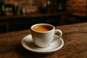 Double Espresso with Crema in White Demitasse Cup on Rustic Café Table

