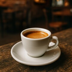 Double Espresso with Crema in White Demitasse Cup on Rustic Café Table


