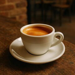 Double Espresso with Crema in White Demitasse Cup on Rustic Café Table

