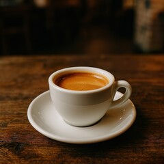 Double Espresso with Crema in White Demitasse Cup on Rustic Café Table

