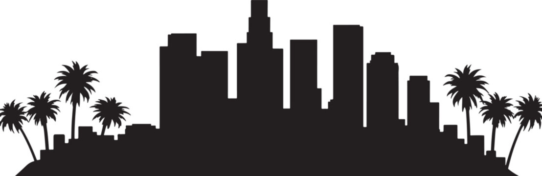 Los Angeles Cityscape Silhouette Illustration of California Urban Skyline with Landmarks and Buildings on Dark Background