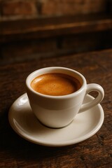 Double Espresso with Crema in White Demitasse Cup on Rustic Café Table

