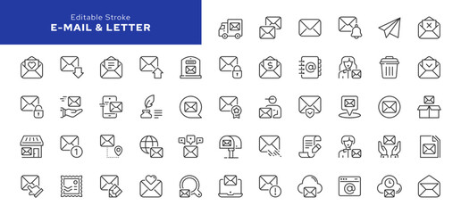 Mail, e-mail and postal letter line icon set. Mailing, post office, mailbox, postman, and more. Outline vector icon in linear style. Pictogram collection