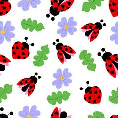 seamless pattern with ladybugs leaves and flowers, hand drawn. vector