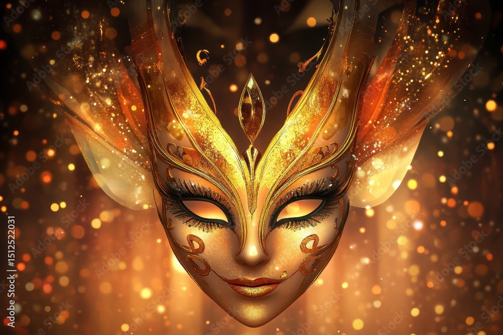Poster luxurious golden masquerade mask glowing in an elegant setting with sparkling lights and intricate d