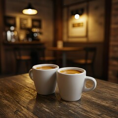 Double Espresso with Crema in White Demitasse Cup on Rustic Café Table

