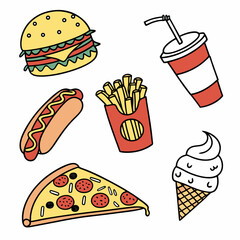 Fast Food Doodle Icon Set Burgers, Fries, Pizza, Soda, Hot Dogs & Ice Cream Vector