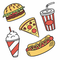 Fast Food Doodle Icon Set Burgers, Fries, Pizza, Soda, Hot Dogs & Ice Cream Vector