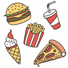 Fast Food Doodle Icon Set Burgers, Fries, Pizza, Soda, Hot Dogs & Ice Cream Vector