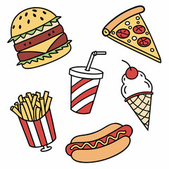 Fast Food Doodle Icon Set Burgers, Fries, Pizza, Soda, Hot Dogs & Ice Cream Vector