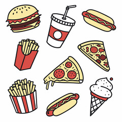 Fast Food Doodle Icon Set Burgers, Fries, Pizza, Soda, Hot Dogs & Ice Cream Vector