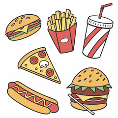 Fast Food Doodle Icon Set Burgers, Fries, Pizza, Soda, Hot Dogs & Ice Cream Vector