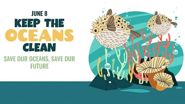 June 8: Cartoon Pufferfish in a Vibrant Ocean Landscape Promotes Environmentalism and a Call to Keep the Waters Clean and Save Our Future for a Sustainable Earth