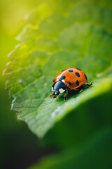 Obraz premium A close-up photograph captures a ladybug perched on a leaf, its orange shell adorned with black spots. The background shows greenery, creating a natural scene that emphasizes the insect's delicate