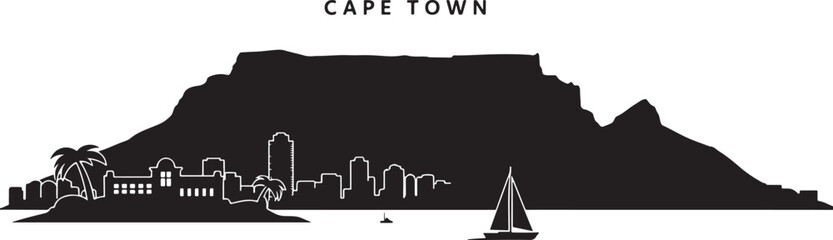 Silhouette Illustration of Cape Town Skyline with Table Mountain and Sailboat on the Ocean at Twilight