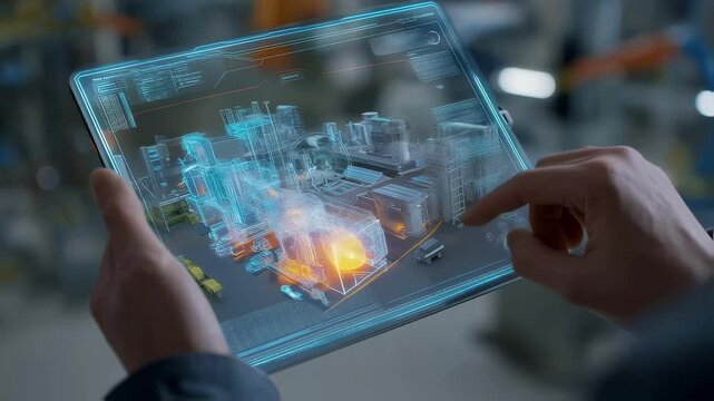 Engineer interacts with a futuristic digital twin interface on a tablet, visualizing a 3d model of an additive workcell dynamically updating in real time