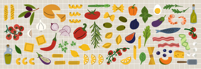 Big collection of hand drawn Mediterranean and Italian food. Big set of raw ingredients for cooking like pasta, vegetables, fruits, olive oil and condiments in cartoon style. Vector illustration