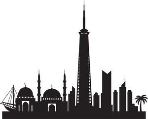 Fototapeta premium Silhouette Illustration of Doha Skyline with Tower, Mosque, and Palm Tree Against a Black Background