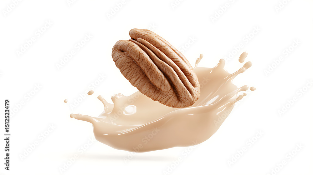 Poster pecan splashing into liquid. a single pecan is shown falling into a creamy liquid, creating a dynami