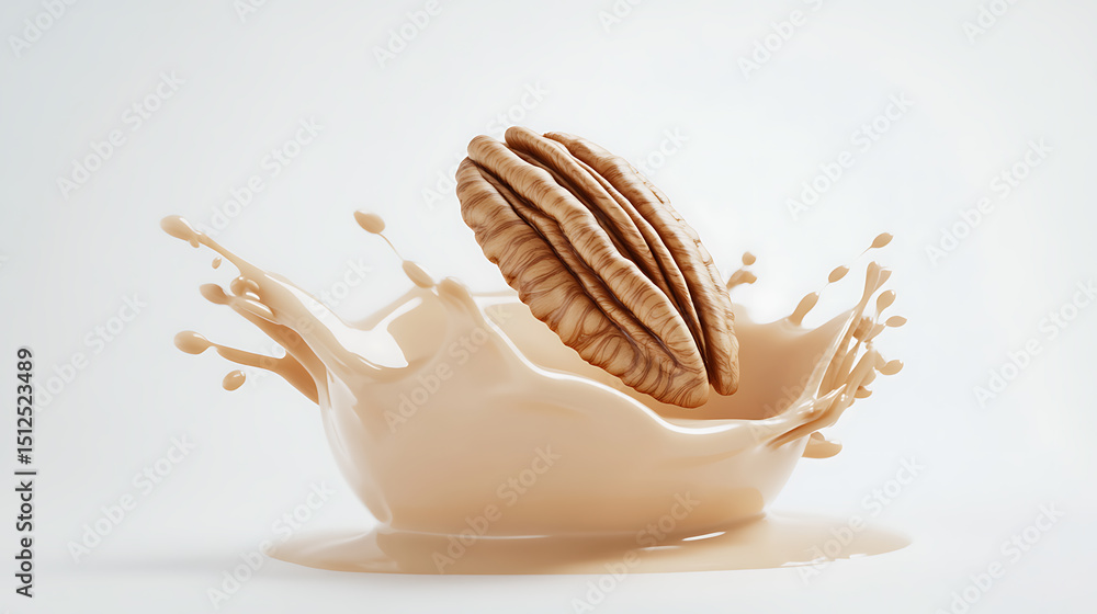 Poster pecan splashing into liquid creating a dynamic movement frozen in time, highlighting the nut's textu