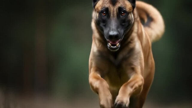 Energetic Belgian Malinois Dog Running Through Natural Outdoor Forest Landscape.