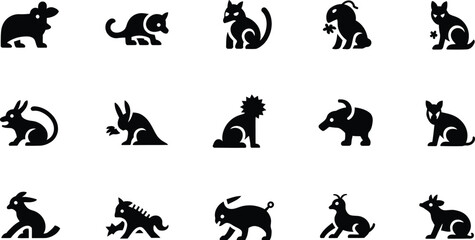 A collection of fifteen black silhouette animal icons arranged in three rows on a white background