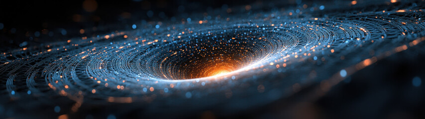 A vibrant vortex of glowing data spirals into a luminous core, evoking the mysteries of space and technology