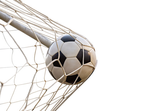 Fototapeta Soccer ball in goal net isolated on a white background png ai generated