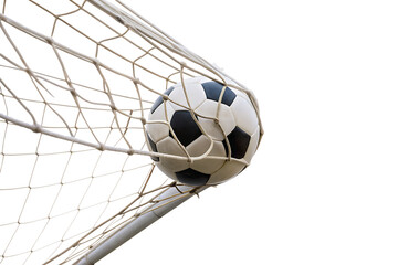 Soccer ball in net goal isolated on a white background png ai generated