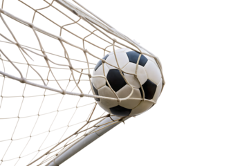 Soccer ball in net goal isolated on a white background png ai generated