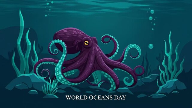 Octopus Underwater: A Celebration of World Oceans Day and the Intelligence of the Deep Sea, Exploring the Beauty of Marine Life Through Submerged Seaweed, Rocks, and Bubbles