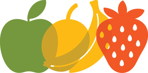 A colorful illustration of an apple, a pear, a banana, and a strawberry on a white background