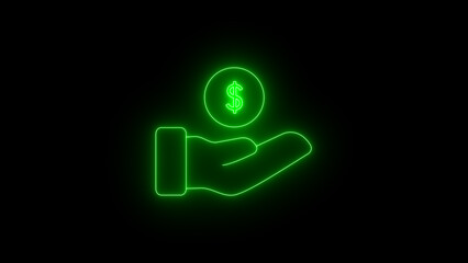 Bright Neon Dollar Coin with Hand on Dark Background, Modern Finance Icon, Isolated Minimalist Money, Savings, and Donation