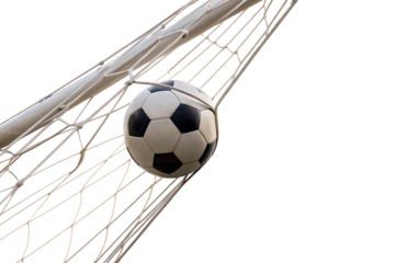 Soccer ball in goal net isolated on a white background png ai generated